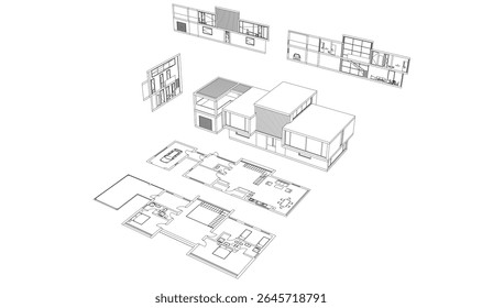 Moderno edifício esboço arquitetônico renderização 3d
