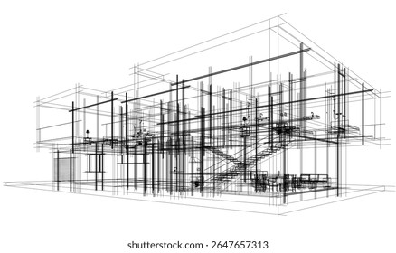 Modern house building sketch architectural 3d rendering