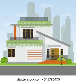 Modern house building.Illustration of detailed cozy house.Flat style vector design.