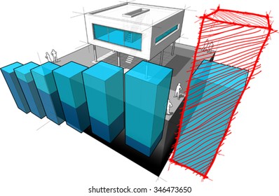 modern house with business diagram and hand drawn sketch on last bar