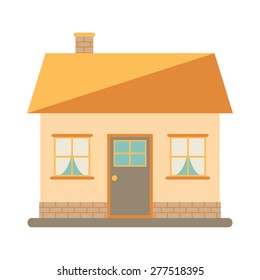 Modern house. Chimney, roof, windows, door and brickwork. Exterior design. House icon on white background. Flat style vector illustration.