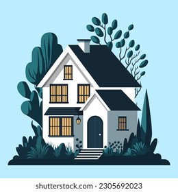 Modern house clip art with surrounding trees used for decoration.