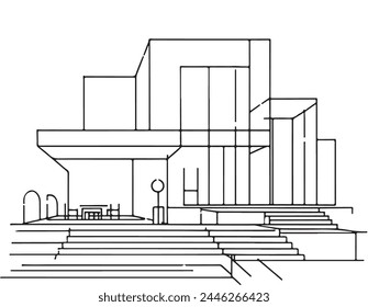 Casa moderna o edificio comercial en estilo de dibujo de arte en línea continua. Esbozo lineal negro minimalista aislado sobre fondo blanco