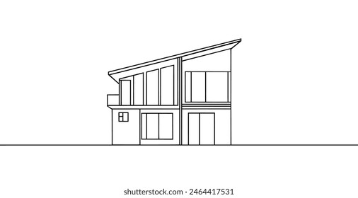 Casa moderna o edificio comercial en estilo de dibujo de arte en línea continua. Esbozo de arquitectura moderna aislado sobre fondo blanco. Ilustración vectorial