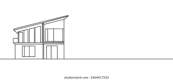 Casa moderna o edificio comercial en estilo de dibujo de arte en línea continua. Esbozo de arquitectura moderna aislado sobre fondo blanco. Ilustración vectorial