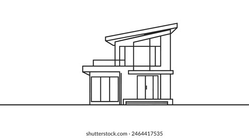 Casa moderna o edificio comercial en estilo de dibujo de arte en línea continua. Esbozo de arquitectura moderna aislado sobre fondo blanco. Ilustración vectorial