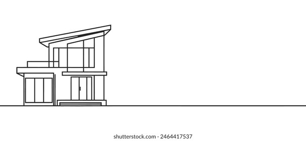 Casa moderna o edificio comercial en estilo de dibujo de arte en línea continua. Esbozo de arquitectura moderna aislado sobre fondo blanco. Ilustración vectorial