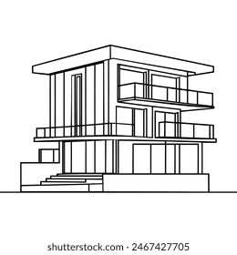 Casa moderna o edificio comercial en estilo de dibujo de arte en línea continua. Esbozo de arquitectura moderna aislado sobre fondo blanco. Ilustración vectorial