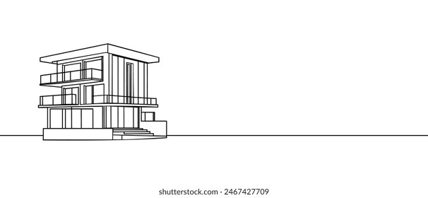 Casa moderna o edificio comercial en estilo de dibujo de arte en línea continua. Esbozo de arquitectura moderna aislado sobre fondo blanco. Ilustración vectorial