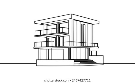 Casa moderna o edificio comercial en estilo de dibujo de arte en línea continua. Esbozo de arquitectura moderna aislado sobre fondo blanco. Ilustración vectorial