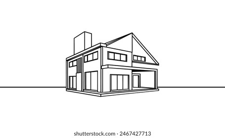 Casa moderna o edificio comercial en estilo de dibujo de arte en línea continua. Esbozo de arquitectura moderna aislado sobre fondo blanco. Ilustración vectorial