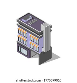 Modern house, complex architecture with a facade and panoramic windows. Isometric style