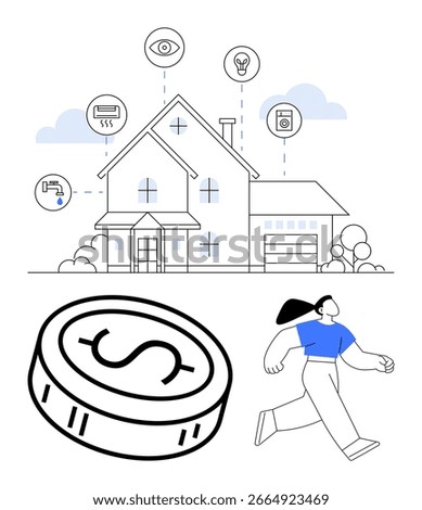 Modern house connected to smart devices related to security, lighting, HVAC, and appliances, alongside a large coin and a person in motion. Ideal for technology, home automation, security, energy