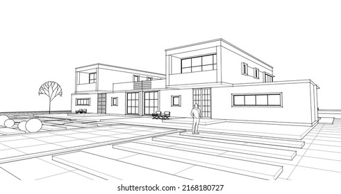 casa moderna con consolas 3d de renderización