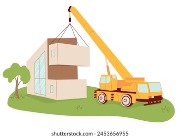 Modern house construction site scene. Process of building contemporary and environmentally friendly home in progress. New modular housing concept with builders and special engineering equipment