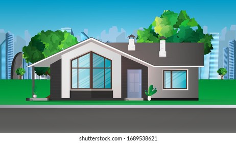 Modern house, cottage, cottage, town house with shadows on the background of the city. Architectural visualization of the cottage outside. Realistic vector illustration.