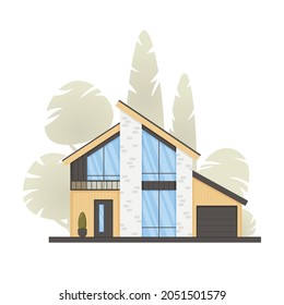 Modern house, cottage, townhouse in minimalistic style with panoramic windows. Real estate concept, house for sale or rent. Scandinavian design. Vector Architectural visualisation