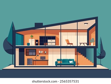 Modern house cross section with furniture.Detailed modern interior inside house. Rooms with furniture. architecture design template in flat style Vector illustration.