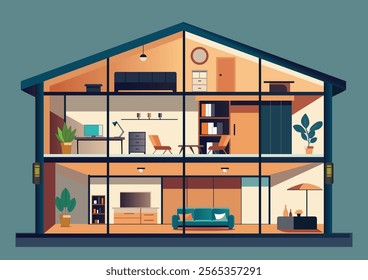 Modern house cross section with no people.Fancy modern cottage cutaway Living room, kitchen and bedroom.flat style vector illustration.