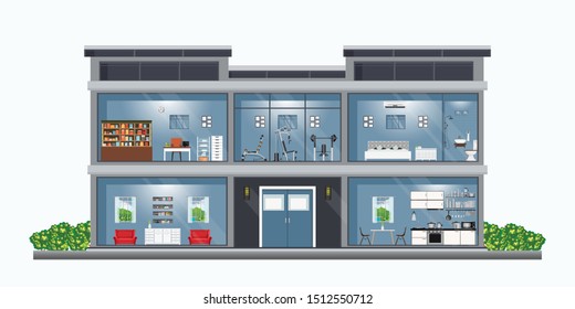 Modern House Cross Section With Rooms And Furniture Icons Set, Architecture And Building Concept,interior Rooms Vector Illustration.