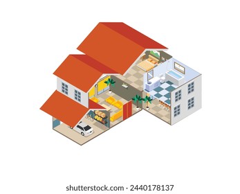 Modern house cross section with rooms: bedroom, office, bathroom, kitchen, living room, laundry, garage, boiler room 3d isometric vector illustration