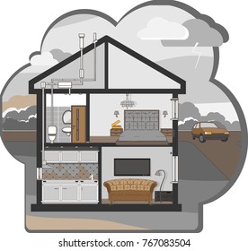 Modern house cross section with rooms: bedroom, bathroom, kitchen, living room