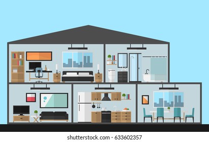 Modern house in cut, Flat style vector illustration, Rooms with furniture, Graphic