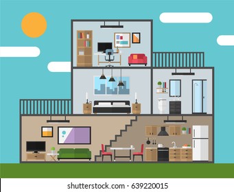 Modern House In Cut, Flat Style Vector Illustration, Rooms With Furniture, Graphic