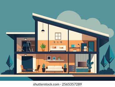 Modern house in cut with no people.Detailed modern interior inside house. Rooms with furniture. architecture design template in flat style Vector illustration.