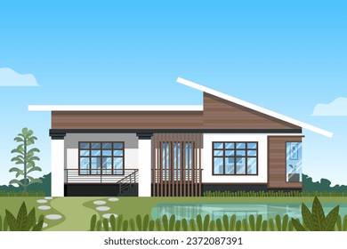 Modern house decorated with brown shera board wall and lean to roof on blue sky background.