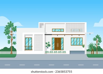 Modern house decorated with ventilation block on blue sky background.