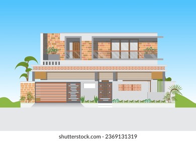 Modern house design with brick wall and fence on blue sky background.