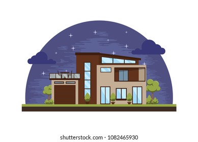 Modern House Design Inspirations Cartoon Illustrations Building . Exterior Cottage. Real Estate Night Time