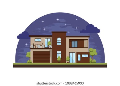 Modern House Design Inspirations Cartoon Illustrations. Exterior Cottage. Real Estate Night Time minimalism