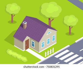 Modern house with door on left side situated near road with crosswalk, surrounded by green trees vector illustration in isometric design