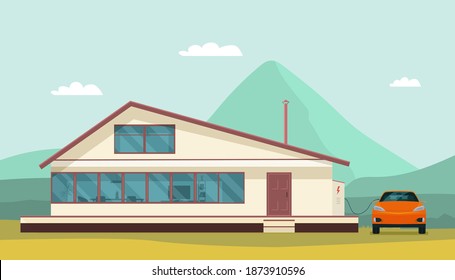 Modern house and electric car on charging against the background of an abstract landscape. Vector illustration.