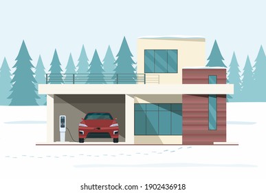 Modern house and electric car on charging against the background of a winter snowy forest landscape. Vector flat illustration.