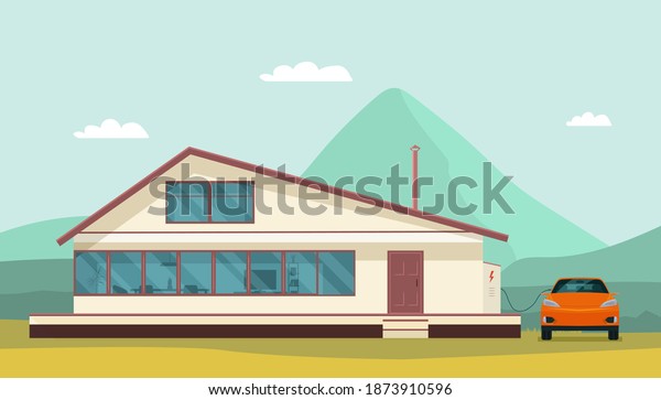 Modern house and
electric car on charging against the background of an abstract
landscape. Vector
illustration.