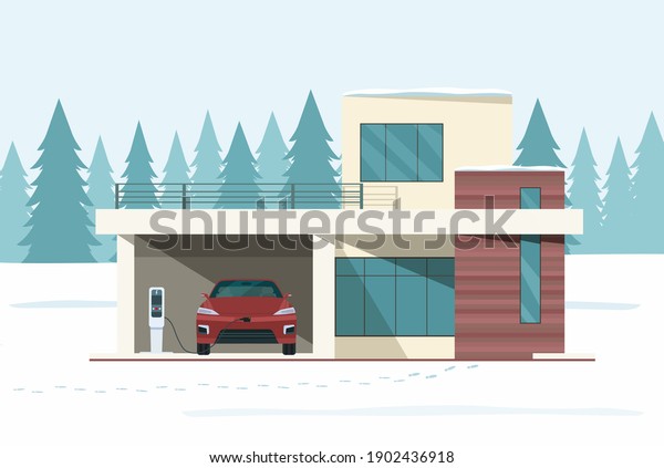 Modern house and electric car on charging\
against the background of a winter snowy forest landscape. Vector\
flat illustration.