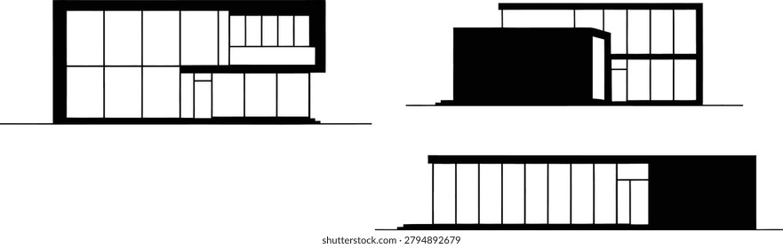 Modern house elevation silhouette collection with minimalist architectural views