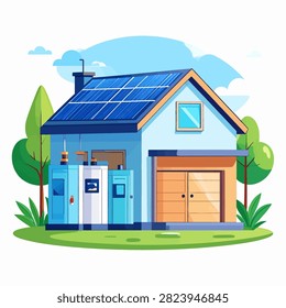 Modern house equipped with solar panels on the roof, surrounded by lush greenery, emphasizing renewable energy and sustainable living.