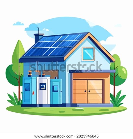 Modern house equipped with solar panels on the roof, surrounded by lush greenery, emphasizing renewable energy and sustainable living.