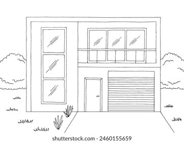 Modern house exterior graphic black white sketch illustration vector 