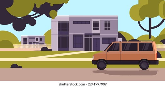 Modern house exterior and green backyard or home garden building horizontal concept flat vector illustration.