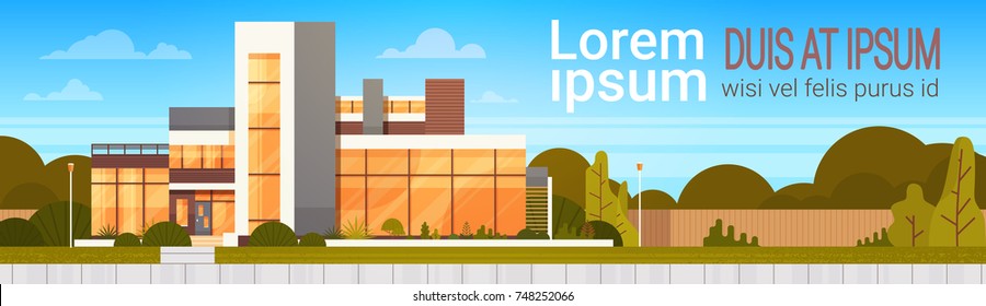 Modern House Exterior Luxury Villa Building Horizontal Banner with Copy Space Flat Vector Illustration