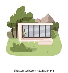 Modern house exterior in nature. Remote home from wood and glass in country. Comfortable countryside building with terrace for summer rest. Flat vector illustration isolated on white background