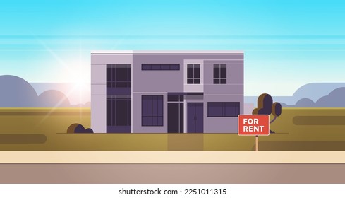 Modern house exterior real estate rent sign and urban building facade horizontal flat vector illustration.