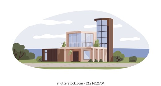 Modern house exterior. Residential building by water. Glass mansion architecture with terrace and panoramic windows. Contemporary villa in nature. Flat vector illustration isolated on white background