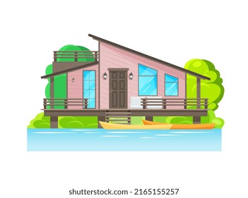 Moderna casa exterior con terraza y botes estacionados. Cabaña de madera de lago o río sobre piles vectorial casa o bungalow. Arquitectura de fachada de una mansión de caricatura, villa con canoa