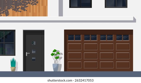 modern house facade with entrance door garage gates windows vector illustration